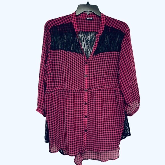 TORRID Women's Loose Button-Up Top Bust 52" Pink Black Plaid Lace Hi-Lo Hem EUC - Picture 9 of 15